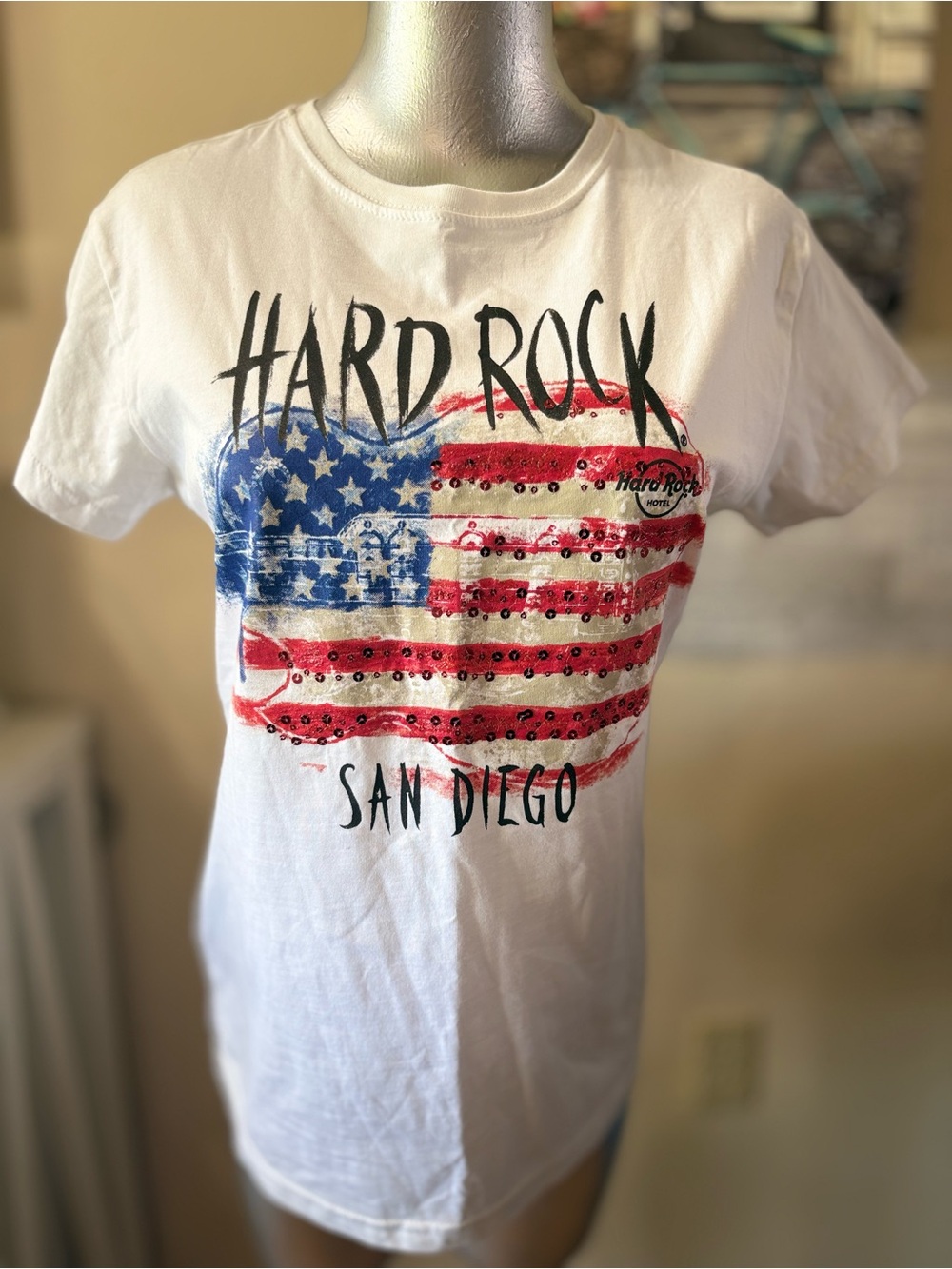 Hard Rock Cafe White Kids Short Sleeve Tee with Red & Blue Flag Guitar Graphic